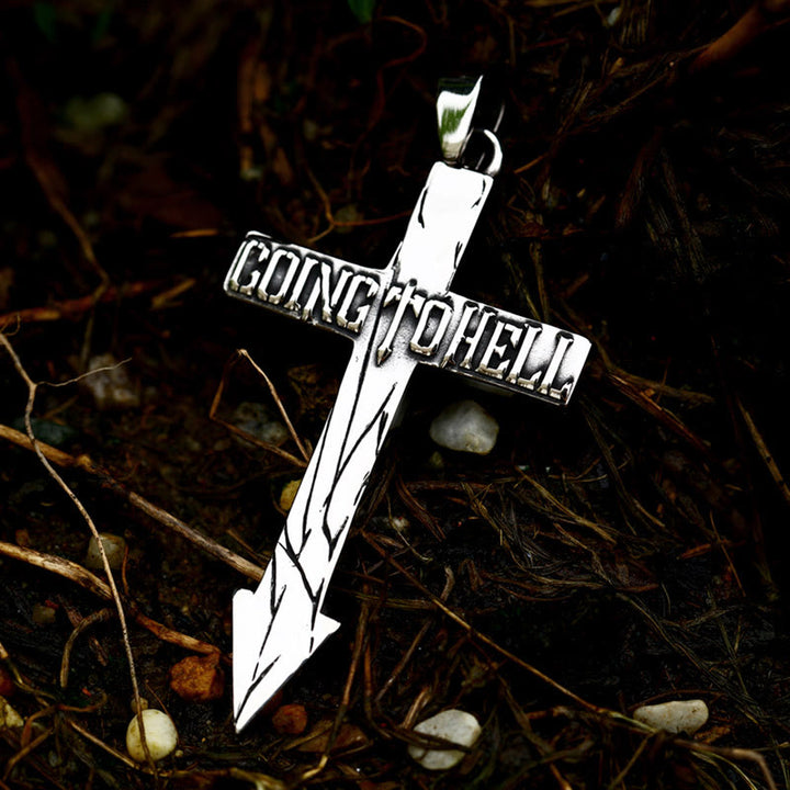 WorldNorse Cross With Arrow Going To Hell Biker Necklace