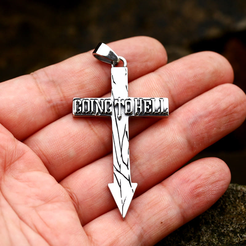 WorldNorse Cross With Arrow Going To Hell Biker Necklace