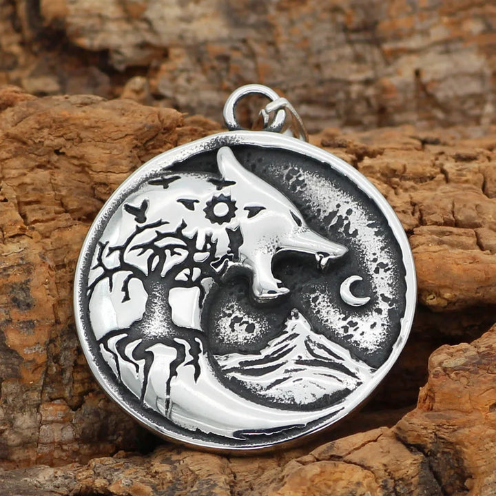 WorldNorse Wolf Head With Moon Night Rune Amulet Necklace
