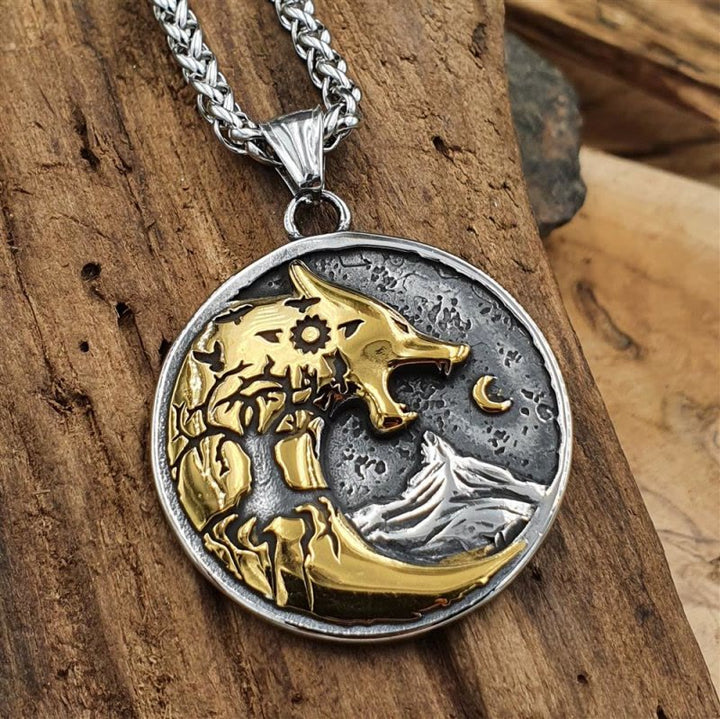 WorldNorse Wolf Head With Moon Night Rune Amulet Necklace