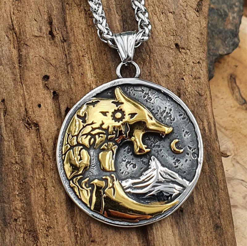 WorldNorse Wolf Head With Moon Night Rune Amulet Necklace