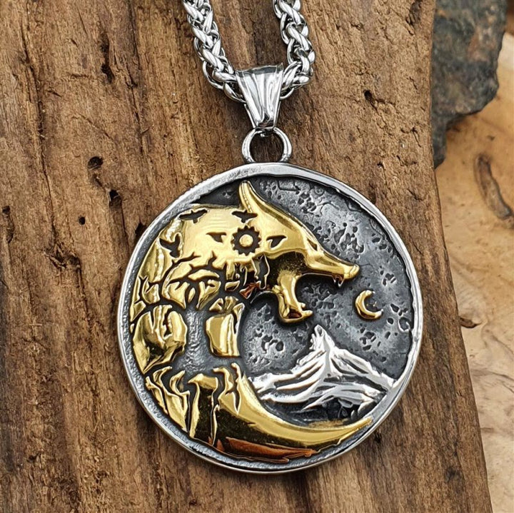 WorldNorse Wolf Head With Moon Night Rune Amulet Necklace