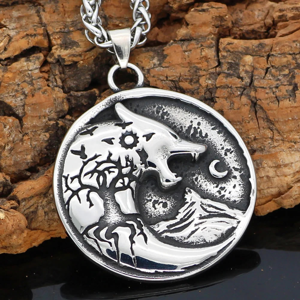 WorldNorse Wolf Head With Moon Night Rune Amulet Necklace - Silver - image 3