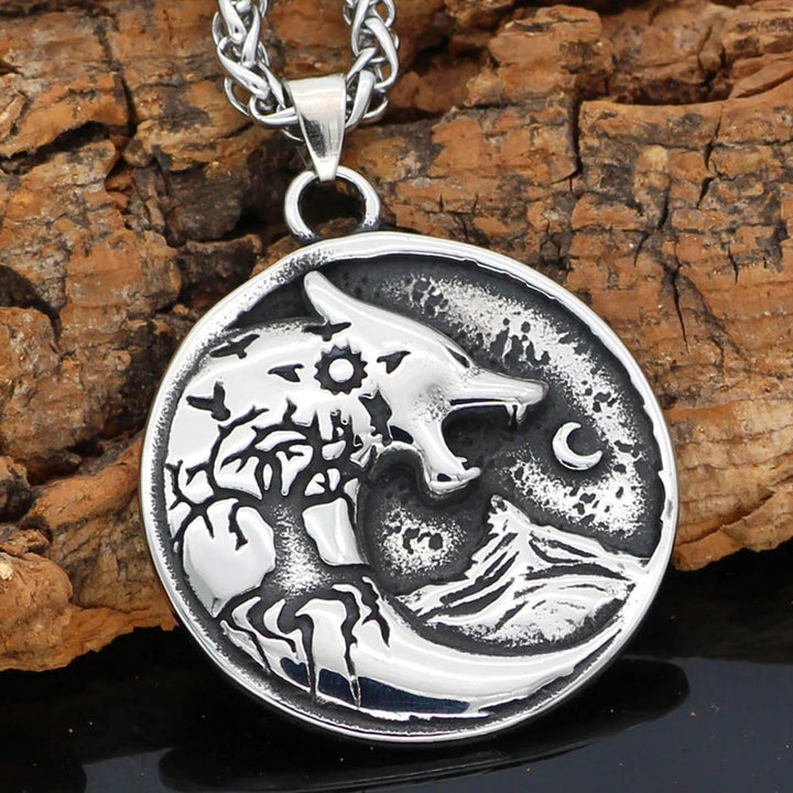 WorldNorse Wolf Head With Moon Night Rune Amulet Necklace - Silver - image 3