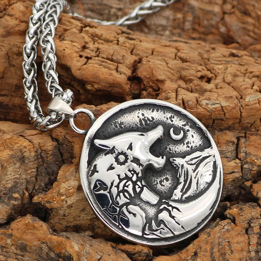 WorldNorse Wolf Head With Moon Night Rune Amulet Necklace