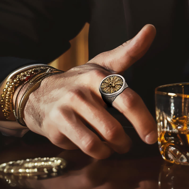 WorldNorse 925 Sterling Silver Vegvisir Skull Inlaid Ring - image 2