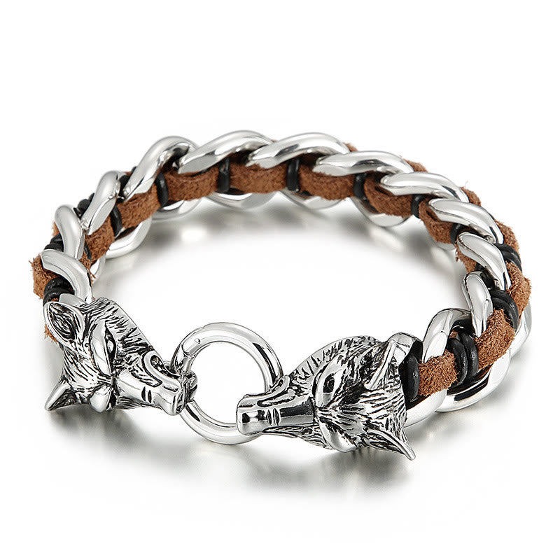 WorldNorse Wolves Head Interwoven Leather Chain Bracelet - Brown - image 8