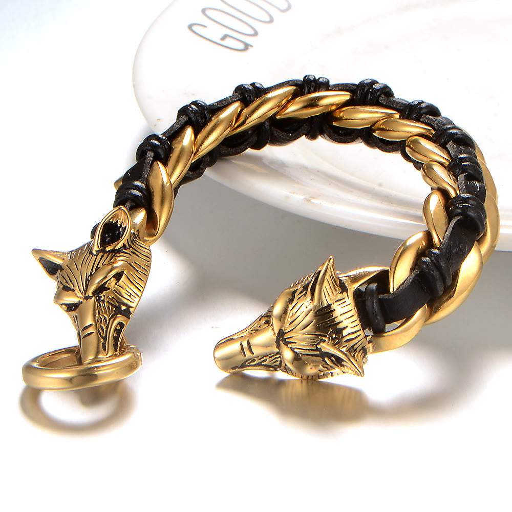 WorldNorse Wolves Head Interwoven Leather Chain Bracelet - image 10