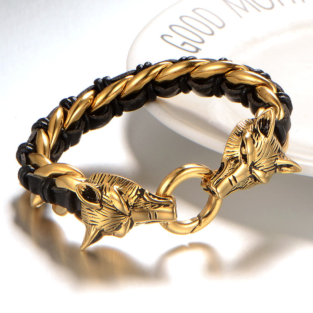 WorldNorse Wolves Head Interwoven Leather Chain Bracelet - image 11