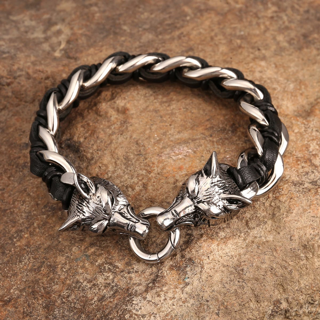 WorldNorse Wolves Head Interwoven Leather Chain Bracelet - image 6