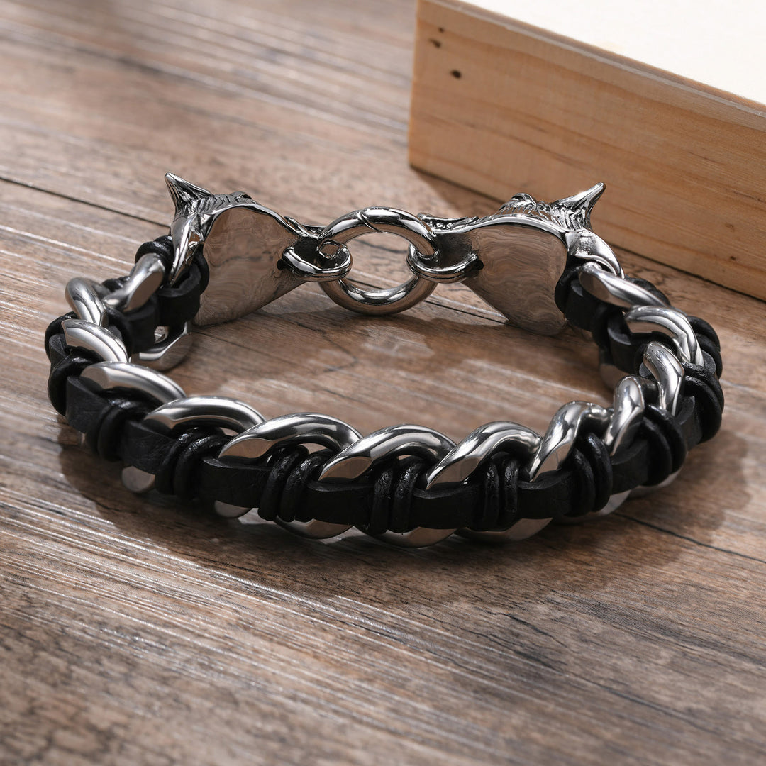 WorldNorse Wolves Head Interwoven Leather Chain Bracelet - image 4