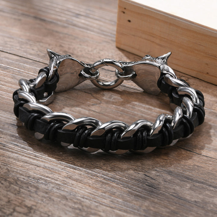 WorldNorse Wolves Head Interwoven Leather Chain Bracelet - image 4