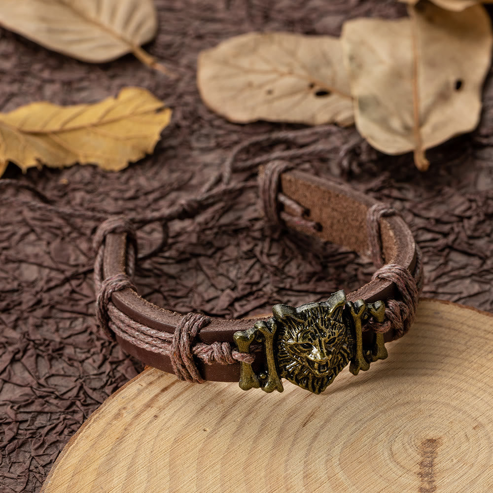 WorldNorse Wolf Head With Leather Bracelet - Brown - image 0