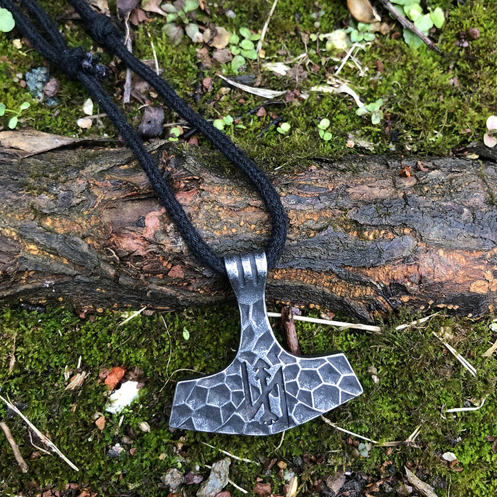 WorldNorse Old Jarl Mjolnir Rune Rope Necklace