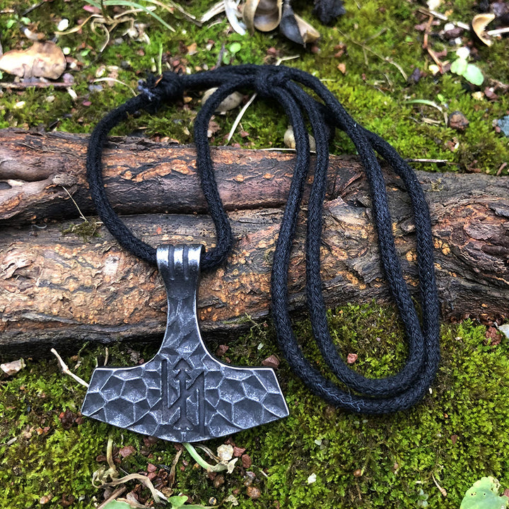 WorldNorse Old Jarl Mjolnir Rune Rope Necklace