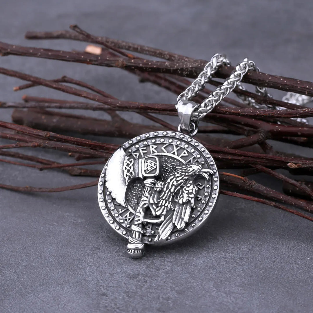 WorldNorse Raven And Axe With Runes Necklace