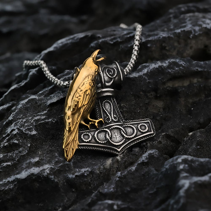 WorldNorse Raven Thor's Hammer Pendant Necklace