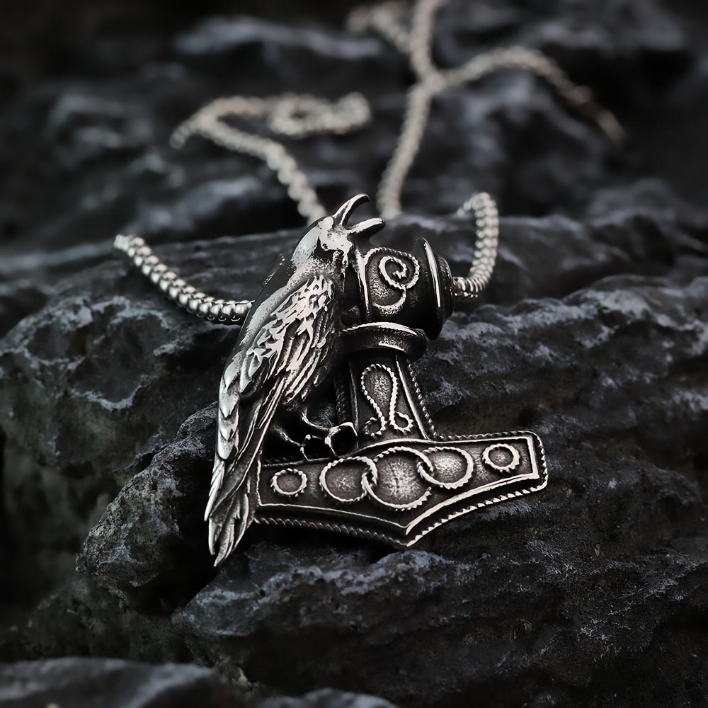 WorldNorse Raven Thor's Hammer Pendant Necklace