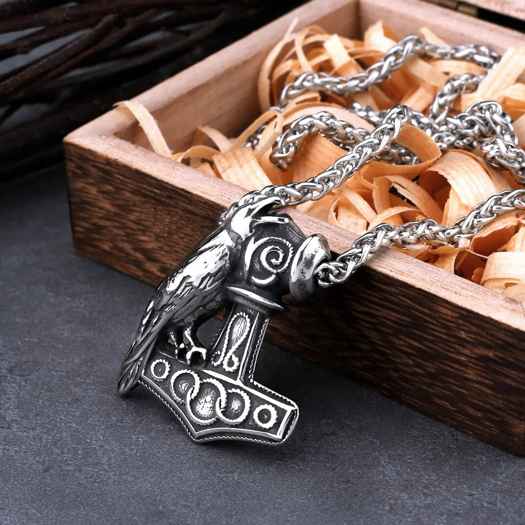 WorldNorse Raven Thor's Hammer Pendant Necklace