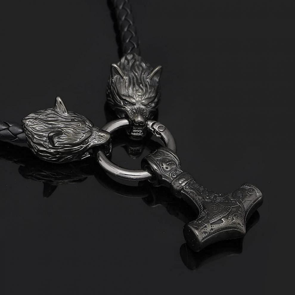 WorldNorse Viking Mjolnir Wolf Leather Rope Necklace - image 7