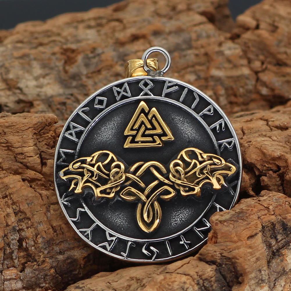 WorldNorse Double Wolf Head Roaring Triangle Rune Necklace - image 2