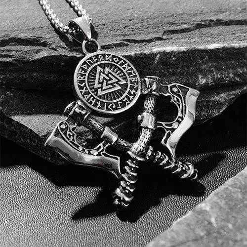 WorldNorse Crossed Viking Axe Valknut Rune Necklace