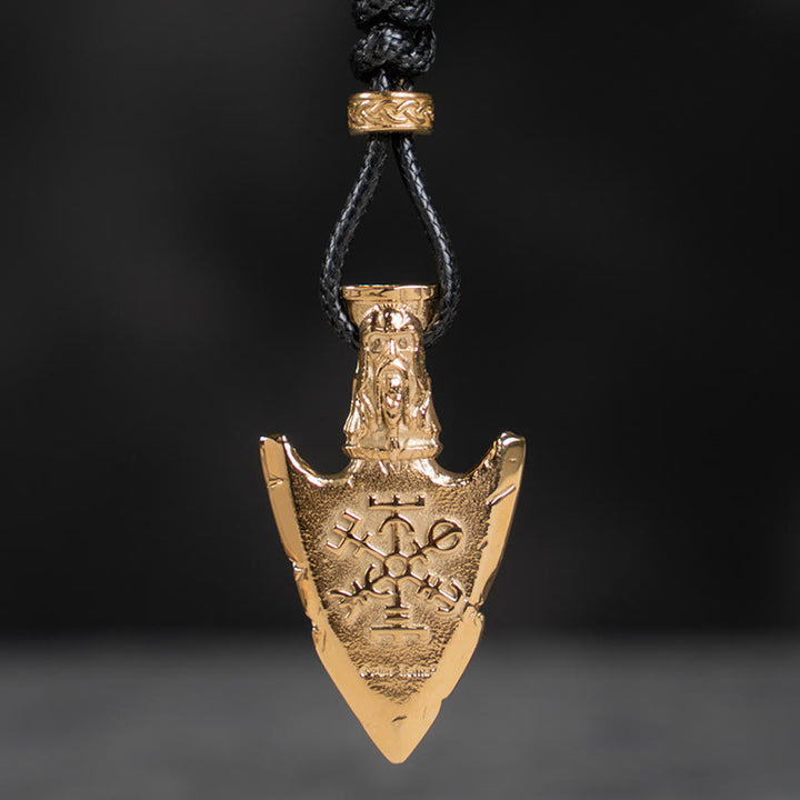 WorldNorse Vegvisir Valknut Retro Arrowhead Necklace - With Wax Rope - Gold - image 1
