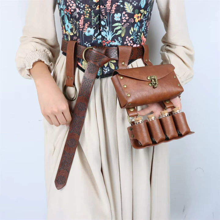 WorldNorse Medieval Witch Leather Belt Pouch Bag -  Belt + Bag + 4 Bottles - Brown - image 6
