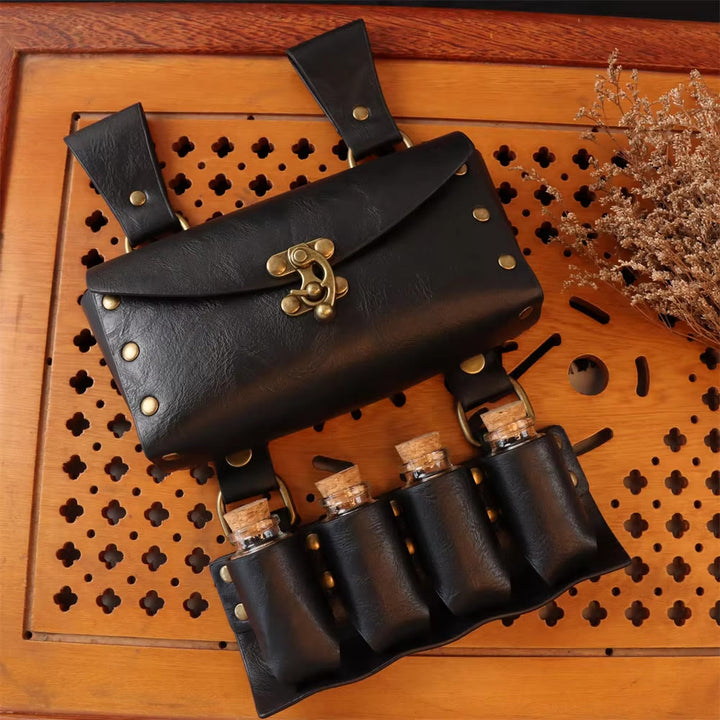 WorldNorse Medieval Witch Leather Belt Pouch Bag - Bag + 4 Bottles - Black - image 7