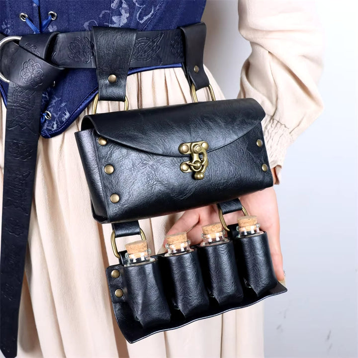 WorldNorse Medieval Witch Leather Belt Pouch Bag -  Belt + Bag + 4 Bottles - Black - image 0