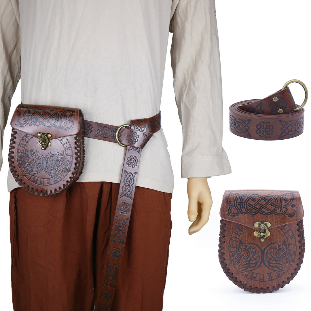 WorldNorse Viking Axe Norse Dragon Wolves Leather Belt Pouch Bag  - Wolves - Brown - image 10