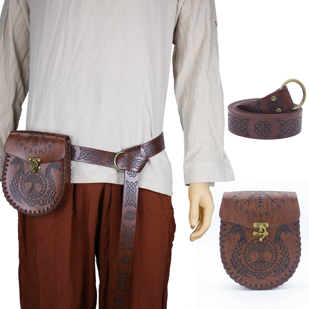 WorldNorse Viking Axe Norse Dragon Wolves Leather Belt Pouch Bag  - Norse Dragon - Brown - image 6