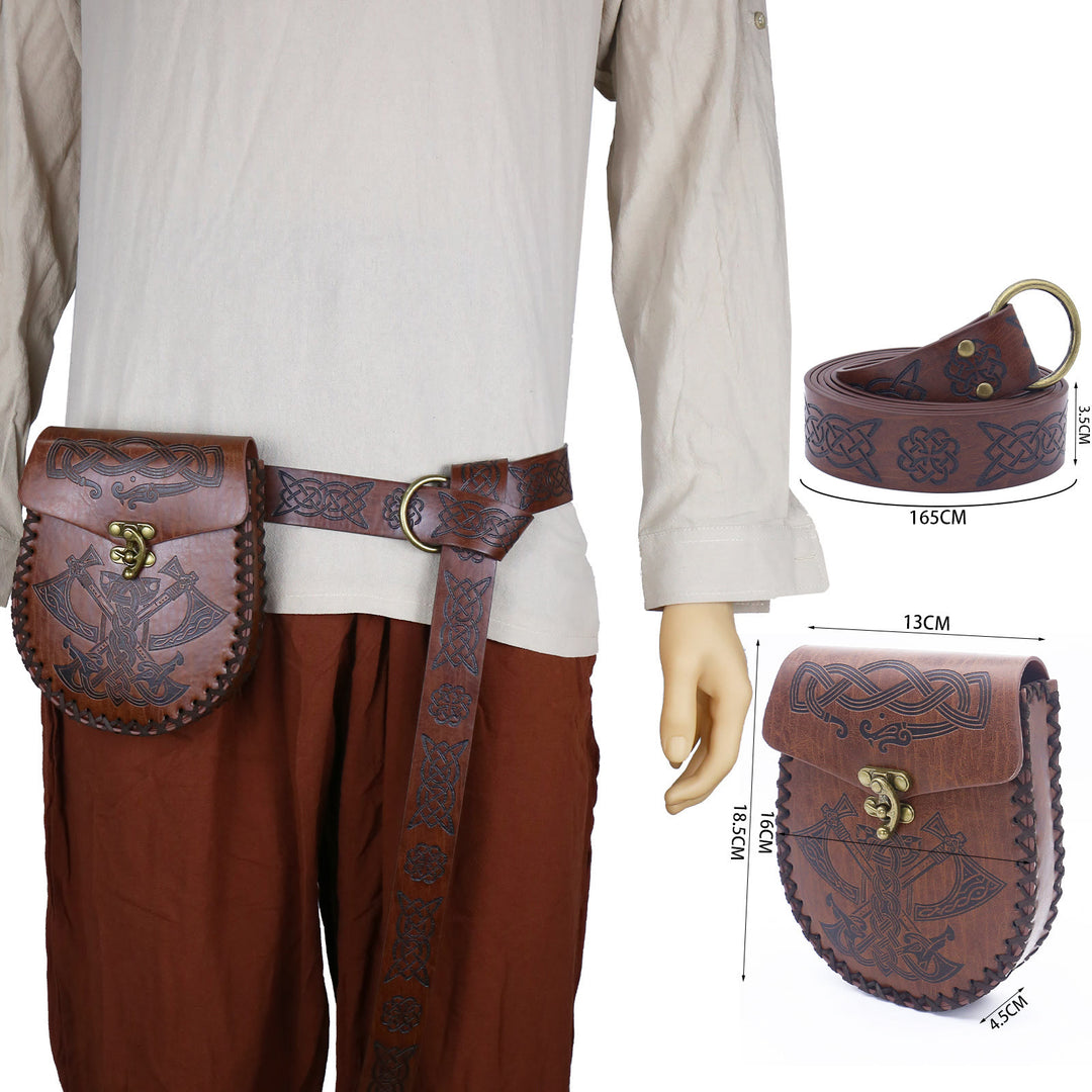 WorldNorse Viking Axe Norse Dragon Wolves Leather Belt Pouch Bag  - Viking Axe - Brown - image 0