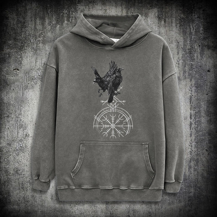 WorldNorse Gothic Raven Vegvisir Print Washed Hoodie - Grey - 3XL - image 13