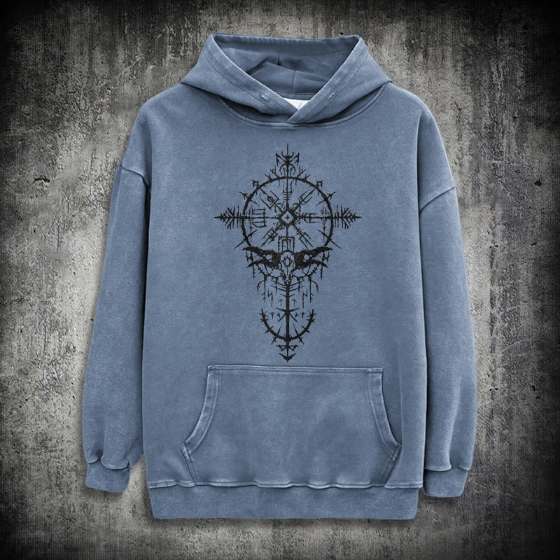 WorldNorse Tribal Bird & Viking Design Washed Hoodie - Blue - 3XL - image 19