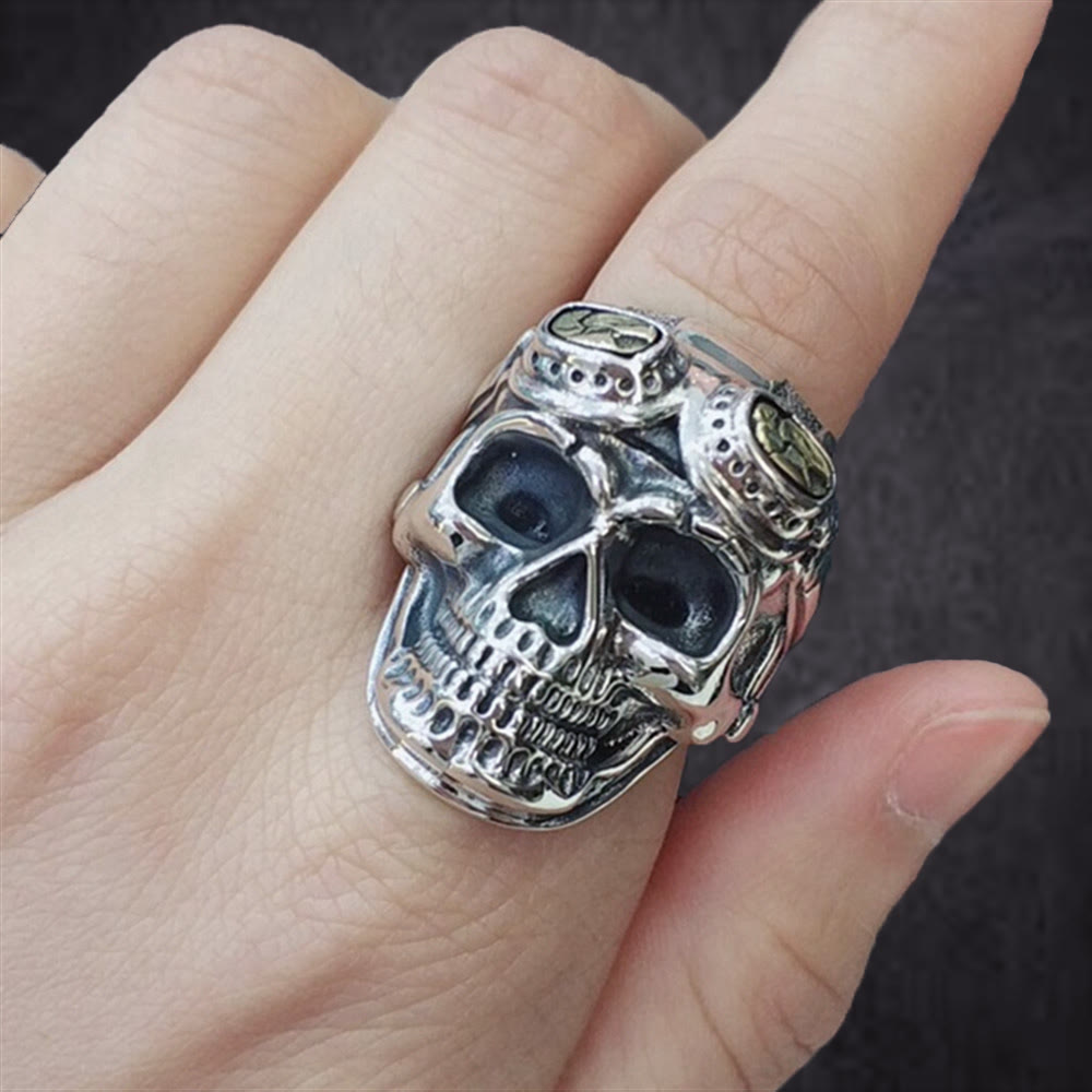 WorldNorse Skull Head With Pilot Glass Ring