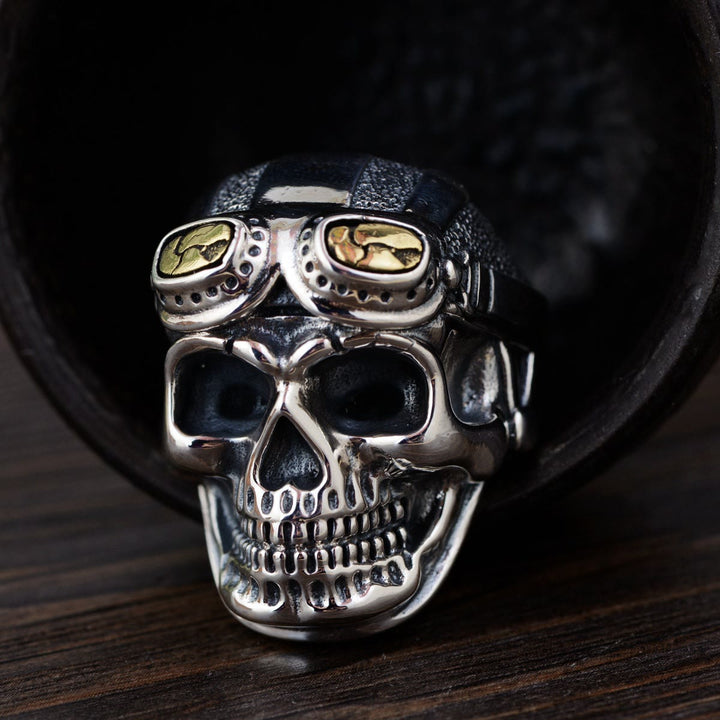 WorldNorse Skull Head With Pilot Glass Ring