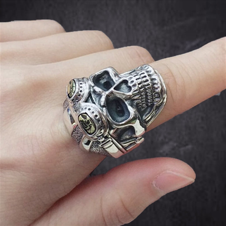 WorldNorse Skull Head With Pilot Glass Ring