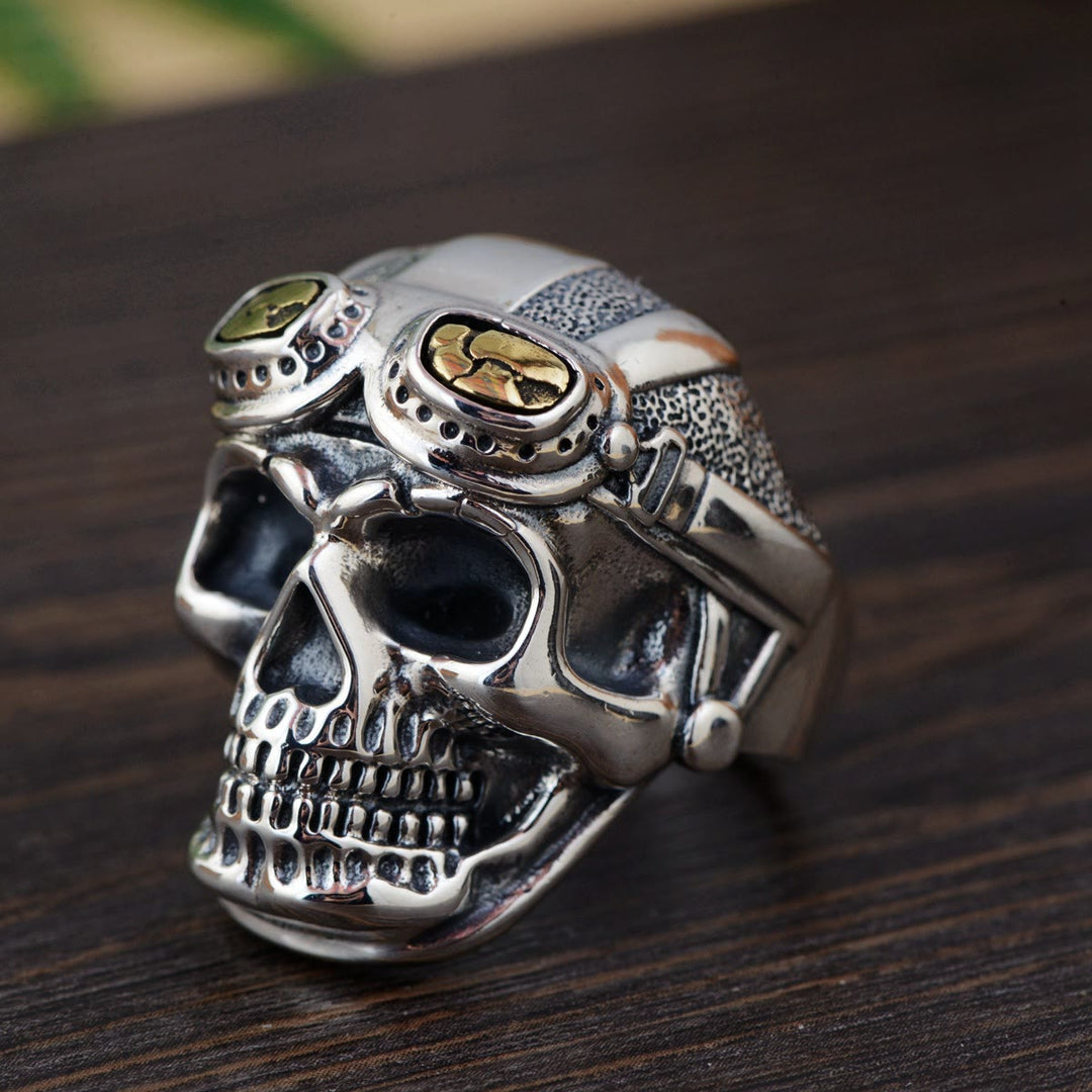WorldNorse Skull Head With Pilot Glass Ring