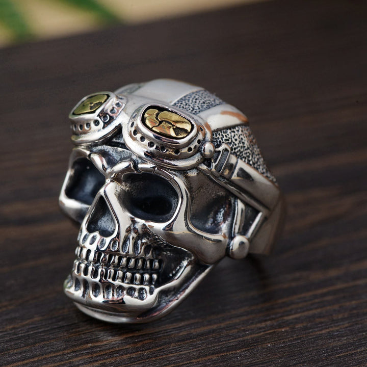 WorldNorse Skull Head With Pilot Glass Ring