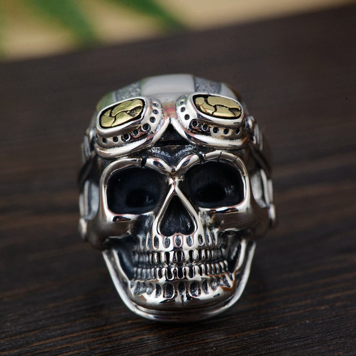 WorldNorse Skull Head With Pilot Glass Ring