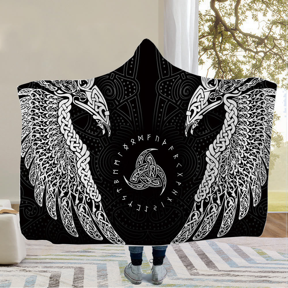 WorldNorse Raven Valknut Hooded Blanket - Raven & Triple Horn of Odin - 150x200cm - image 0