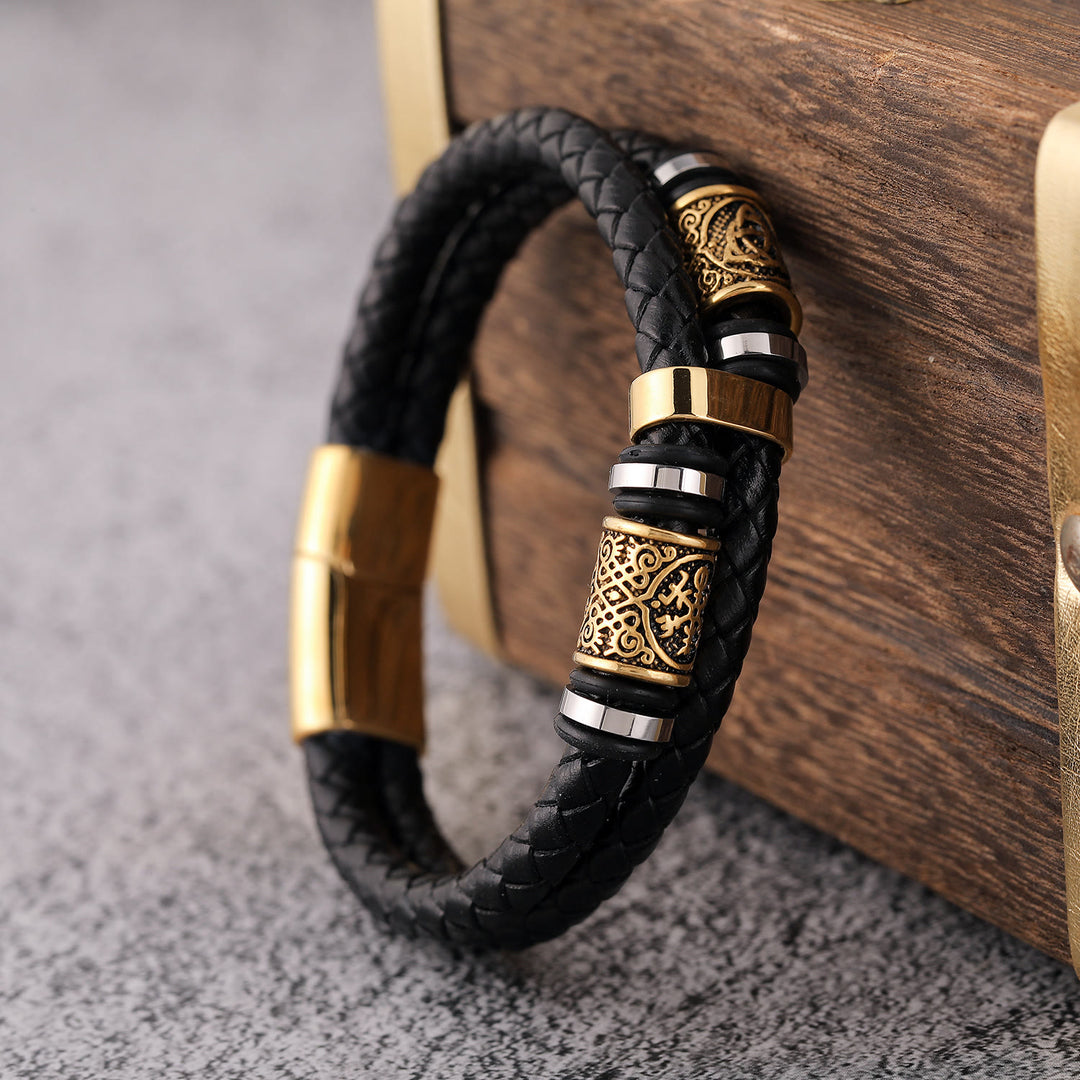WorldNorse Norse Symbol Magnetic Clasp Braided Leather Bracelet - Gold - 23cm - image 0
