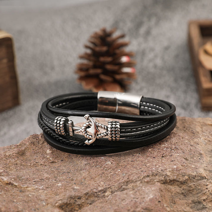 WorldNorse Multi-Layer Anchor Leather Braided Bracelet - 23cm - image 0