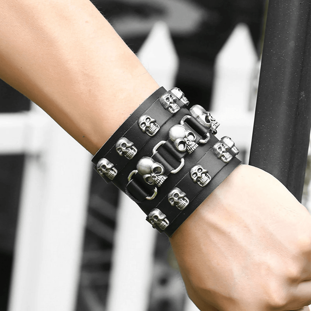 WorldNorse Gothic Skull Head Leather Cuff Bracelet - Bracelet - image 0