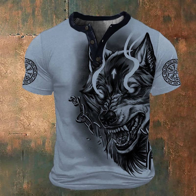 WorldNorse Fenrir Viking Wolf Henley T-Shirt - Blue - US/UK/AU52，EU62 (6XL) - image 3