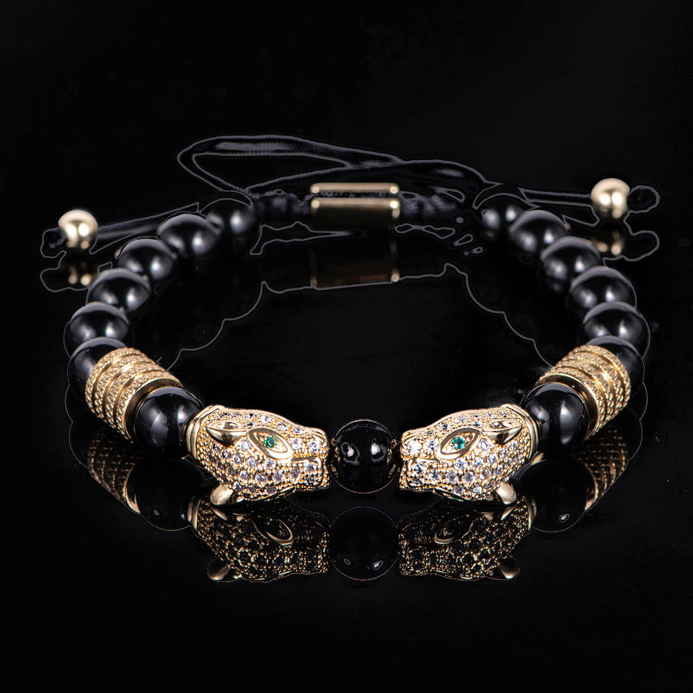 WorldNorse Double Leopard Head Roman Numerals Beaded Bracelet - Gold-White Diamond Single - image 13