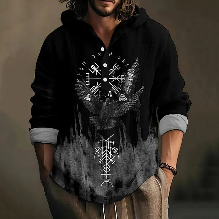 WorldNorse Triple Horn of Odin Raven Hooded Shirt