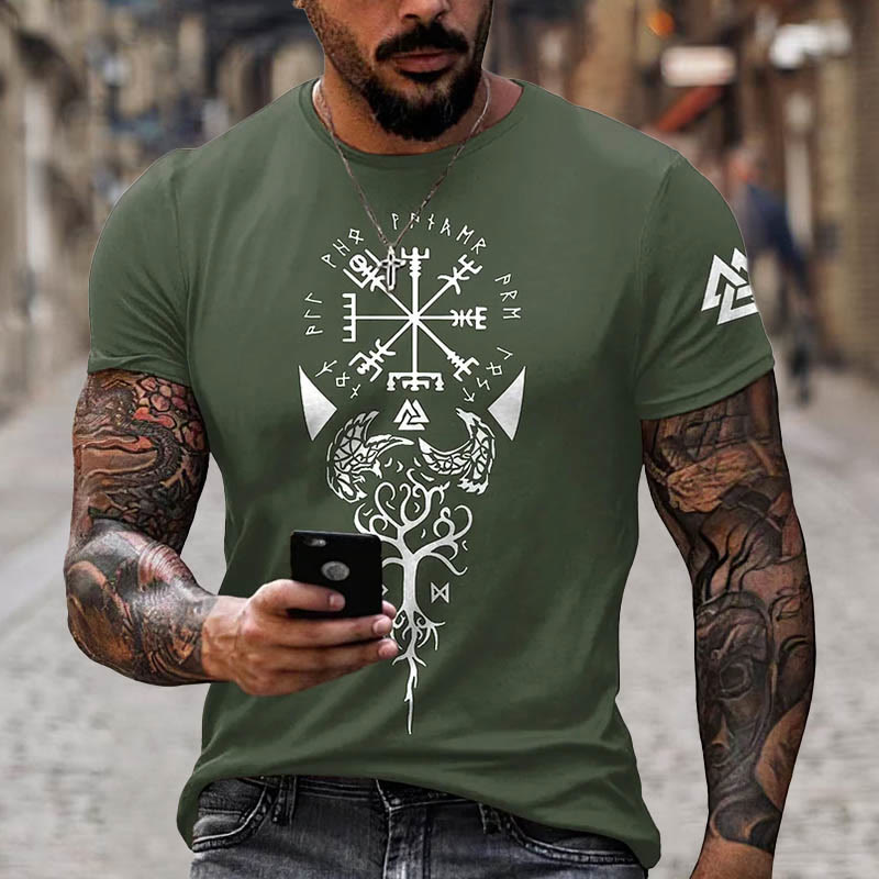 WorldNorse Yggdrasil Vegvisir Rune Raven Valknut Short T-Shirt