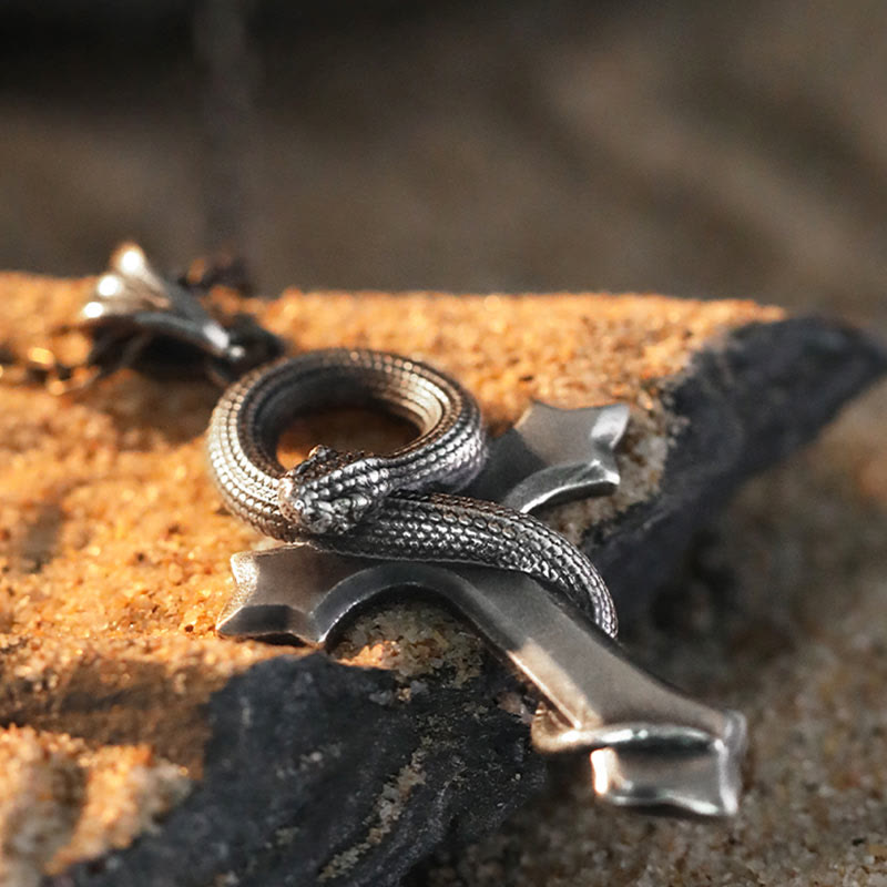 WorldNorse 925 Sterling Silver Snake Cross Necklace